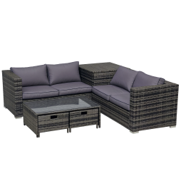 Outsunny 4 Pieces Rattan Garden Furniture Set, 4 Seater Corner Sofa Set with Storage Box, 2 Drawers Coffee Table, Loveseats with Cushions, Wicker Garden Conservatory Furniture for Balcony, Grey