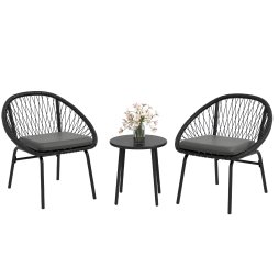 Outsunny 3 Pieces Rattan Bistro Set, Wicker Garden Furniture Set with Round Metal Top Coffee Table and Chairs, Washable Cushions for Outdoor, Patio, Balcony, Black
