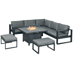 Outsunny 6-Piece Aluminium Garden Furniture Set with Fire Pit Table, Outdoor Dining Sofa Set with Cushions, Loveseats and Footstools, Sectional Corner Conservatory Furniture for Patio, Grey