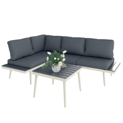 Outsunny 3 Piece Garden Furniture Set with 5-Level Adjustable Lounger, L Shaped Garden Corner Sofa with Cushions, Mesh Seat, Slatted Wood-Grain Table, Outdoor Furniture Set for Conservatory, Grey