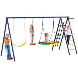 AIYAPLAY 6 in 1 Kids Swing Set, Metal Swing with 3 Swings, Basketball Hoop, Climbing Ladder and Net, Heavy Duty A-Frame Garden Swing Kids Outdoor Children Playground for Ages 3-8