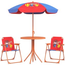 Outsunny Kids Bistro Set Children Table and Chair Set Garden Furniture Cowboy Themed 4 Pieces w/ Adjustable Parasol, Foldable Chairs for 2-5 Years - Blue and Red