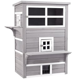 PawHut Outdoor Cat House, 3 Tier Wooden Kitten Shelter with Jumping Platforms, Asphalt Roof, Doors for Indoor, Garden - Grey