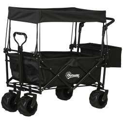 Outsunny 120L Festival Trolley on Wheels, Folding Camping Trolley Cart with Removable Canopy, All-Terrain Wheels, Adjustable Handle and Side Pockets for Garden Beach Fishing Shopping, Black