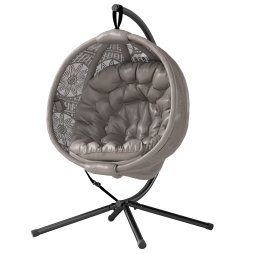 Outsunny Outdoor Hanging Chair, Swing Chair with Metal Stand, Thick Padded Cushion, Foldable Basket and Side Pocket, for Indoor and Outdoor, Sand