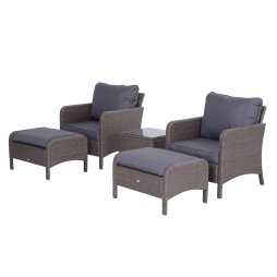 Outsunny 5 Pieces PE Rattan Garden Furniture Set with 10cm Thick Padded Cushions, Wicker Weave Outdoor Seating Chairs with 2 Armchairs, 2 Stools, Glass Top Table, Grey