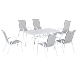 Outsunny 7 Piece Garden Dining Set with Dining Table and Chairs, 6 Seater Outdoor Furniture with Parasol Hole for Deck and Balcony, Grey