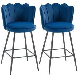 HOMCOM Bar Stools Set of 2, Modern Velvet-Feel Barstools with Petal Backrest and Footrest, Upholstered Breakfast Bar Chairs with Metal Legs for Kitchen Island Counter, Dining Room, Dark Blue