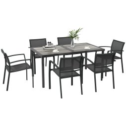 Outsunny 6 Seater Garden Dining Set, Stackable Armchairs and Wood-like Top Table, Space-Saving Outdoor Table and Chairs with Breathable Mesh Seat, Garden Furniture Set, Grey
