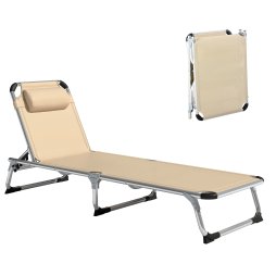 Outsunny Foldable Outdoor Sun Lounger, Reclining Lounge Chair Camping Bed Cot with Pillow 4-Level Adjustable Back Aluminium Frame, Khaki