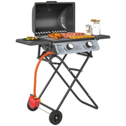 Outsunny Foldable Gas BBQ with Side Tables, 2 Burner Portable Gas Barbecue Grill with Thermometer Lid Grease Tray Wheels, Folding Trolley for Garden Party Camping Picnic Outdoor Cooking, 5.6KW, Black