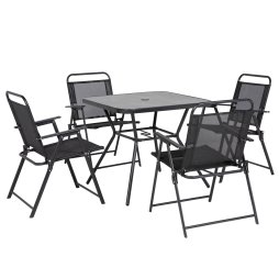 Outsunny 5-Piece Garden Dining Set with 4 Foldable Armchairs, Outdoor Furniture Set with Parasol Hole and Wood-plastic Composite Top Dining Table, Mesh Seat, Black