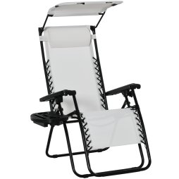 Outsunny Foldable Reclining Garden Chair with Headrest, Zero Gravity Deck Sun Lounger Seat Chair with Footrest, Armrest, Cup Holder & Canopy Shade, White