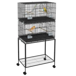 PawHut 2 Tier Bird Cage, Budgie Cage with Stand, Swing, Rope, Ladder, Wheels, Shelf, Tray, Perches, Food Containers, for Canaries, Lovebirds, Finches