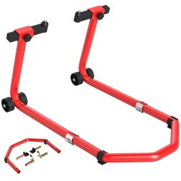 HOMCOM Motorcycle Stand Lift, 390 kg Capacity Convertible Front/Rear Motorbike Motorcycle Paddock Lift Stand with Adjustable U+L Fork Pin Adaptors, Wheels, Clamping Clips, Red