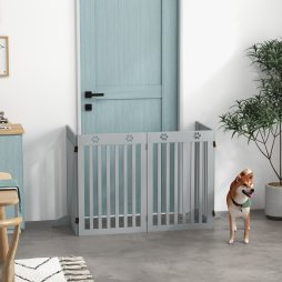 PawHut Freestanding Pet Gate 4 Panel Dog Barrier Folding Safety Fence with Support Feet up to 204cm Long 75cm Tall for Doorway Stairs, Grey