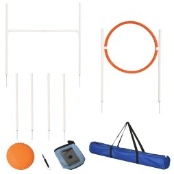PawHut Dog Agility Equipment Set Pet Run Jump Obedience Training Set for Outdoor with Disc, Whistle, Weaves Poles, Adjustable Jumping Poles, Carry Bag