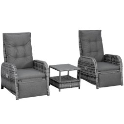 Outsunny 3 Pieces Rattan Bistro Set, Wicker Balcony Furniture Set with Reclining Sun Loungers, 2-Tier Coffee Table and Cushions, 2 Seater Garden Furniture for Outdoor Patio Balcony, Mixed Grey