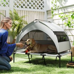 PawHut Elevated Dog Bed with Removable Canopy, Portable Cooling Raised Pet Cot with Breathable Mesh, Storage Bag, for Indoor Outdoor Use, for Large Dogs, 106 x 76 x 94 cm, Light Grey