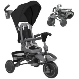 AIYAPLAY Kids Trike, 6 in 1 Toddler Tricycle with Adjustable Parent Handle & Canopy, Convertible Seat, for Ages 1-5 Years, Foldable Baby Trike with Safety Harness, Storage Basket & Bag, Black