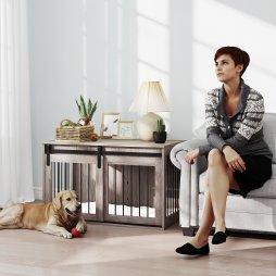 PawHut Dog Crate Furniture, Dog House Furniture Style for Large Breeds, Pet Kennel with Removable Cushion for Indoor Use, 98 x 58 x 61cm, Brown