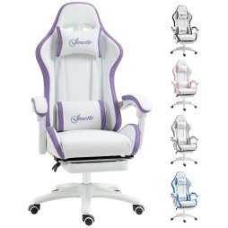 Vinsetto Computer Gaming Chair, PU Leather Office Desk Chair with Footrest, Swivel Wheels, 135?? Reclining Back, Lumbar Support, Headrest for Home, White and Purple