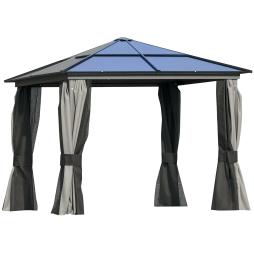 Outsunny 3 x 3(m) Hardtop Gazebo Canopy with Polycarbonate Roof, Aluminium Frame, Permanent Pavilion Garden Gazebo with Netting and Curtains for Patio, Deck, Dark Grey