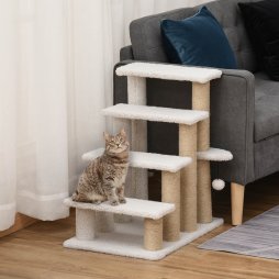 PawHut Pet Stair, Cat Tree with 4-step Climb Ladder, Scratching Posts, Platforms, Toy Ball, for Indoor Elderly Cats Kittens, White