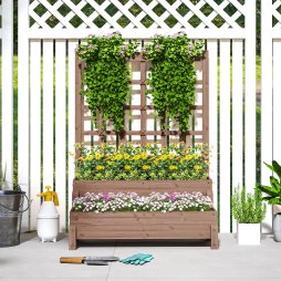 Outsunny 2-Tier Raised Garden Bed with Trellis, Wooden Elevated Planter Box with Drainage Holes, Outdoor Raised Planter for Climbing Plants, Fruits, Vegetables, Flowers, Brown