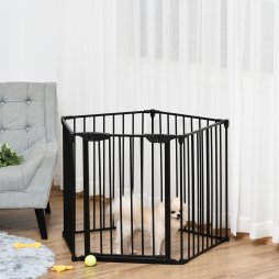 PawHut Pet Safety Gate, 5 Panels Playpen Fireplace, Metal Fence, Stair Barrier, Room Divider w/ Walk-Through Door - Black