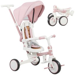 AIYAPLAY Kids Trike, Foldable Toddler Tricycle 5 in 1 with Adjustable Parent Handle & Removable Canopy, 5-point Safety Harness, Footrest, Storage Bag, for Ages 1-3 Years, Pink