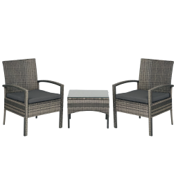 Outsunny 3 Pieces Rattan Bistro Set, Wicker Garden Furniture Set with Glass Top Coffee Table and Chairs, Washable Cushions for Outdoor, Patio, Balcony, Mixed Grey