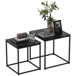 HOMCOM Nest of Tables, Set of 2 Coffee Table, Side Tables with Tempered Glass Desktop and Metal Frame for Living Room, Bedroom, Office
