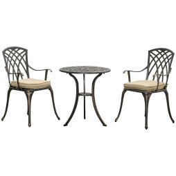 Outsunny 3 Piece Cast Aluminium Garden Bistro Set for 2, Outdoor Coffee Table Set Rust Resistant with Parasol Hole, Cushions, Patio Table and Chairs for Garden, Balcony, Bronze Tone