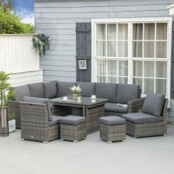Outsunny 10 Seater Rattan Dining Set with Expandable Table and Nesting Chairs, Rattan Garden Furniture Set with Cushions, Outdoor Dining Table and Chairs, Sectional Corner Sofa Set, Grey