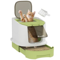 PawHut Cat Litter Tray with Lid, Cat Litter Box with Deodorisation Bags, Scoop, Top Entry, Litter Tray with Drawer Pan, Green
