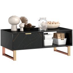 HOMCOM Marble-Effect Coffee Table with Storage, Living Room Table with Drawer and 2 Open Shelves, Modern Centre Table with Fluted Door, Black