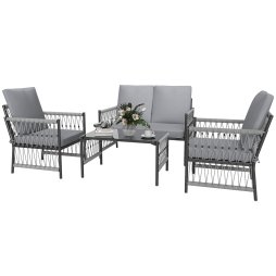 Outsunny 4 Piece Rattan Garden Furniture Set, 4 Seater Wicker Patio Conversation Set with 2 Armchairs, Loveseat, Glass Top Coffee Table and Cushions for Outdoor, Balcony, Grey