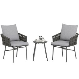Outsunny 3-Piece Rattan Bistro Set, Garden Table and Chairs with 4 Cushions, Patio Rattan Conversation Furniture Set for Balcony, Porch, Terrace, Grey