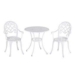 Outsunny 3 Piece Patio Bistro Set for 2, Outdoor Aluminium Garden Table and Chairs with Adjustable Footpads for Balcony, Garden and Patio, White