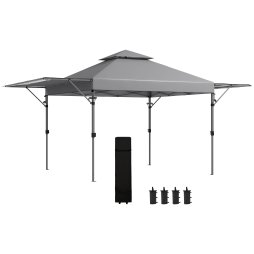 Outsunny 3 x 3(m) Pop Up Gazebo with Extend Dual Awnings, 1 Person Easy up Marquee Party Tent with 1-Button Push, Double Roof, Wheeled Bag, Sandbags, Height Adjustable Instant Shelter, Grey
