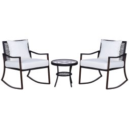 Outsunny Rattan Bistro Set, 3 Pieces Wicker Garden Furniture Set with Rocking Chairs and Round Glass Top Coffee Table, Small Balcony Furniture with Cushions for Outdoor, Porch, Brown