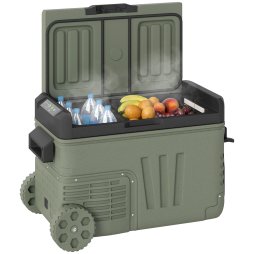 Outsunny 33L Camping Fridge Freezer Dual Zone, Portable Car Fridge 12V/24V DC & 100-240V AC, Electric Cool Box -20°C-20°C with Wheels and LED Light, for Travel, RV, Road Trip, Picnic [Energy Class E]