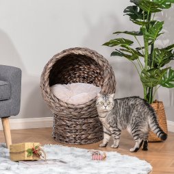 PawHut Wicker Cat House, Raised Cat Bed with Cylindrical Base, Soft Washable Cushion, Woven Water Hyacinth Cat Basket for Indoor and Outdoor, 42 x 33 x 52 cm - Dark Brown
