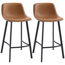 HOMCOM Bar Stools Set of 2, PU Leather Kitchen Stools, Upholstered Breakfast Bar Chairs with Backrest, Steel Legs for Home, Dining Room, Brown