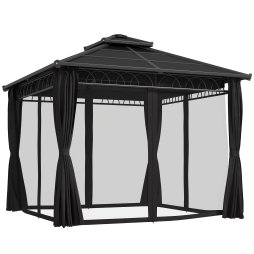 Outsunny 3 x 3 (m) Outdoor Polycarbonate Gazebo, Double Roof Hard Top Gazebo with Galvanised Steel Frame, Nettings & Curtains for Garden, Lawn, Patio and Deck, Dark Grey