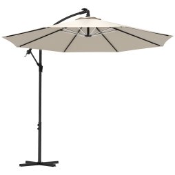 Outsunny 3(m) Banana Cantilever Parasol with Solar LED Lights, Garden Umbrella with Cross Base and Crank Handle, Hanging Offset Sun Shade for Outdoor, Patio, Beige