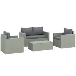 Outsunny 4 Piece Rattan Garden Furniture Set, 4 Seater Wicker Outdoor Sofa Set with 2 Armchairs, Loveseat, Acacia Wood Top Coffee Table, Cushions, Patio Conservatory Set for Balcony, Light Grey