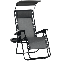 Outsunny Foldable Reclining Garden Chair with Headrest, Zero Gravity Deck Sun Lounger Seat Chair with Footrest, Armrest, Cup Holder & Canopy Shade, Light Grey
