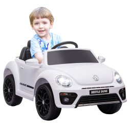 AIYAPLAY Volkswagen Beetle Licensed Ride on Car, 12V Kids Electric Car with Remote Control, 4 Spring Suspension Wheels, Soft Start, Headlights, FM Radio, Music, Horn, White